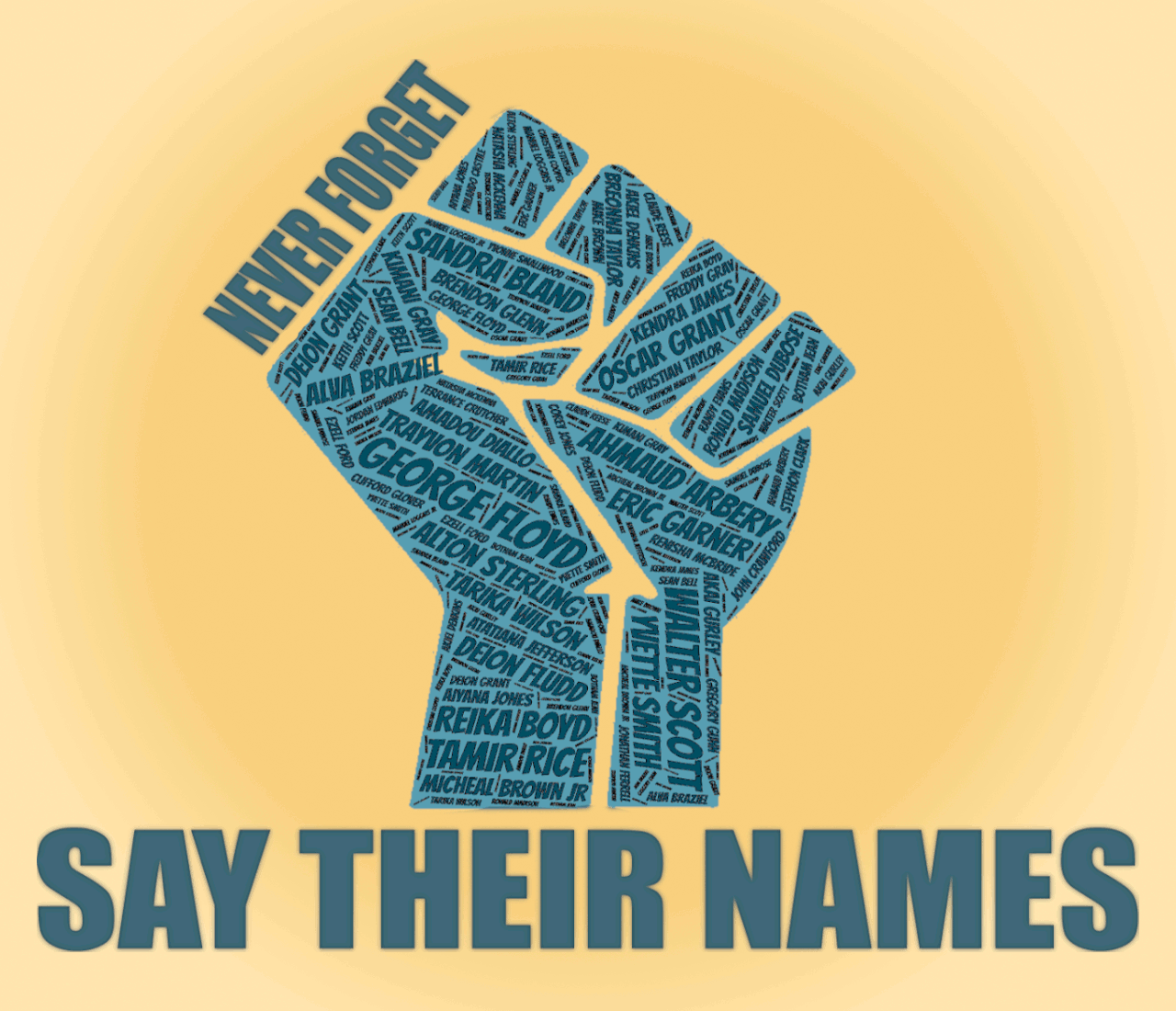 say their names - fist made of black lives taken by police brutality
